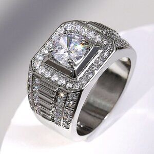 🍁 Fever Square Glitter Zircon Silver Chunky Wedding Rings for Man, PD663